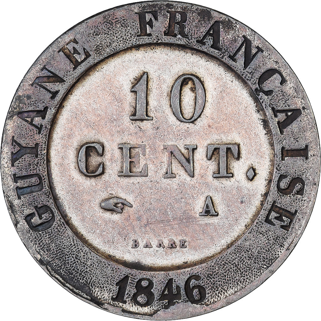 GUJANA FRANCUSKA, Louis Philippe I, 10 Cent, 1846, Paris, Bilon, AU(50-53)