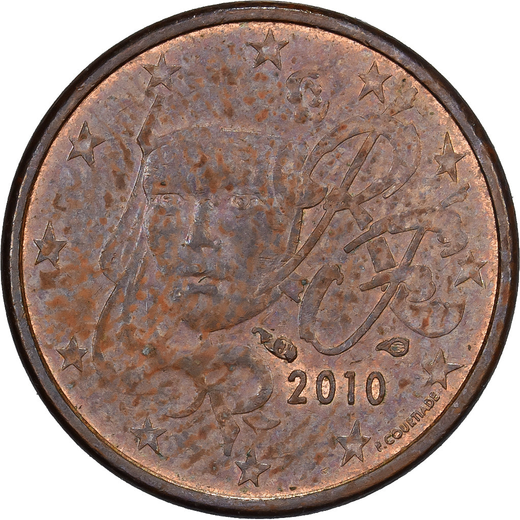 Francja, Euro Cent, Error double observe, 2010, Miedź platerowana stalą