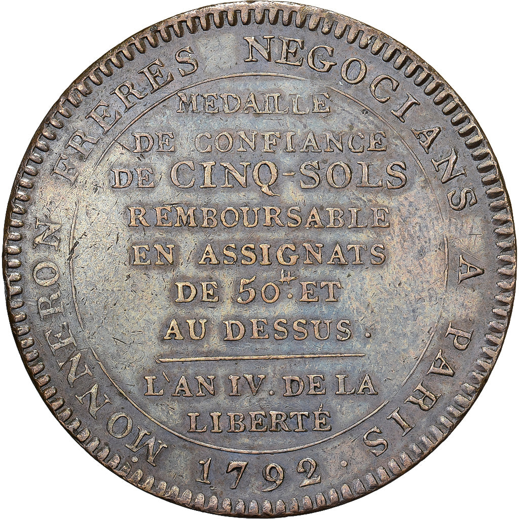 Frankreich, Monneron de 5 Sols, Au serment, 1792 / AN 4, Birmingham, Bronze, SS+