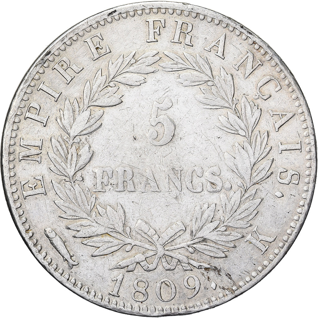 Francia, Napoleon I, 5 Francs, 1809, Bordeaux, Argento, BB, Gadoury:583