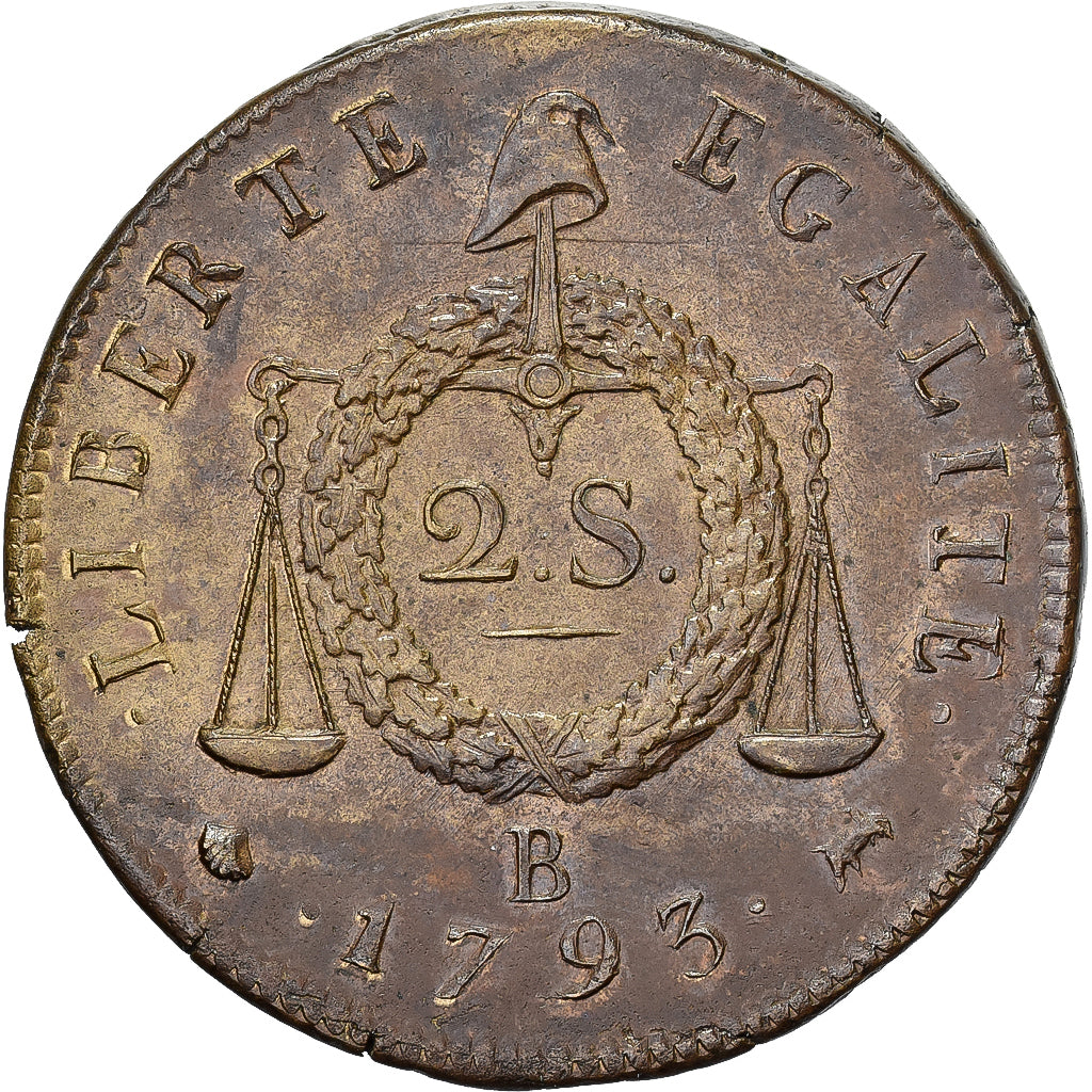France, 2 sols à la Balance, 1793 / AN II, Rouen, Refrappe, Cuivre, SUP+