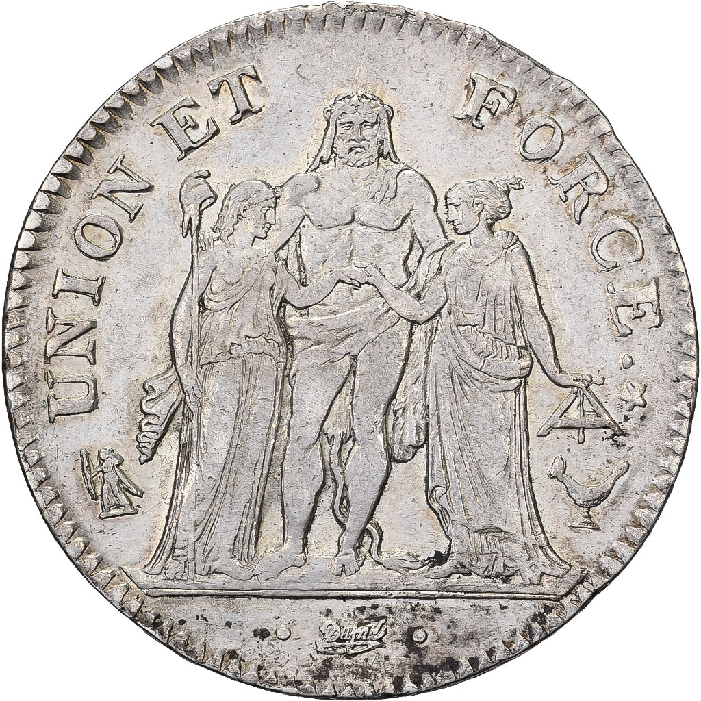 France, 5 Francs, Union et Force, AN 8, Bordeaux, Silver, EF(40-45)