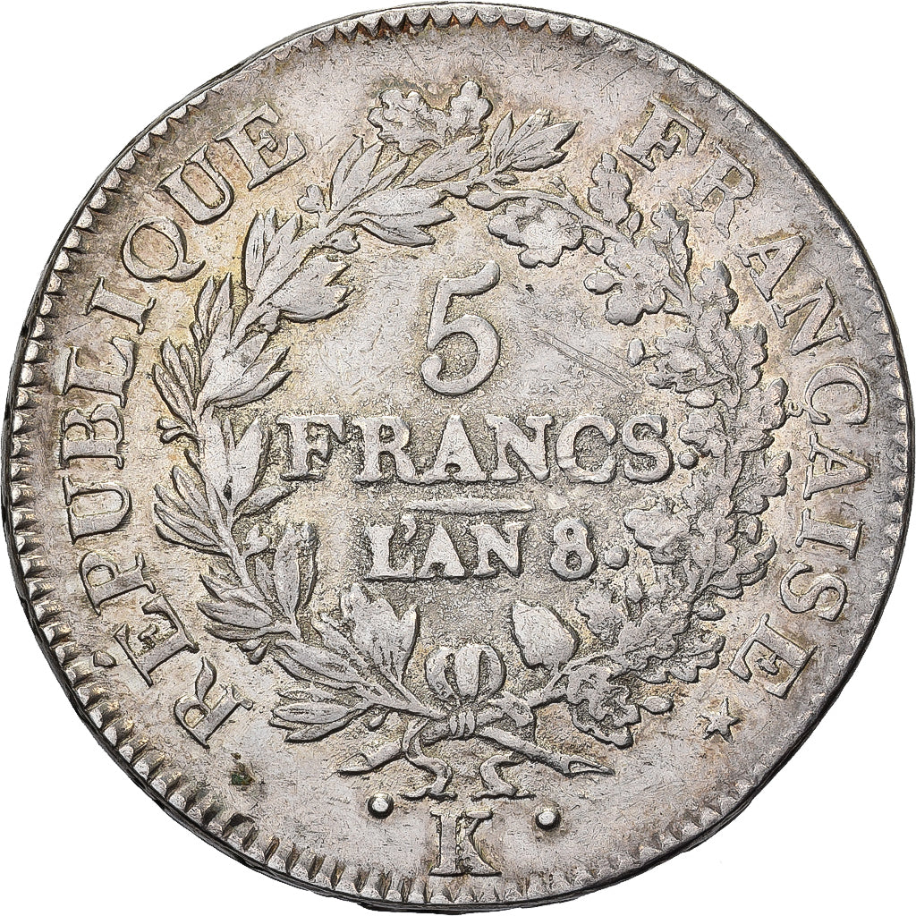 France, 5 Francs, Union et Force, AN 8, Bordeaux, Silver, EF(40-45)
