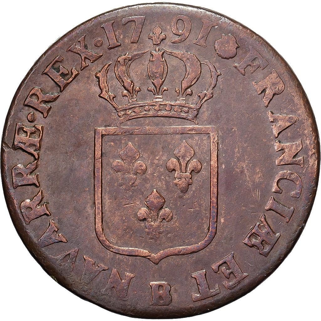 France, Louis XVI, Sol, 1791, Rouen, Cuivre, TTB, Gadoury:350