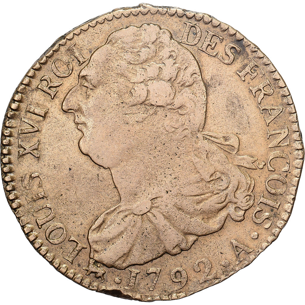 France, Louis XVI, 2 Sols, 1792 / AN 4, Paris, Bronze, EF(40-45), Gadoury:25