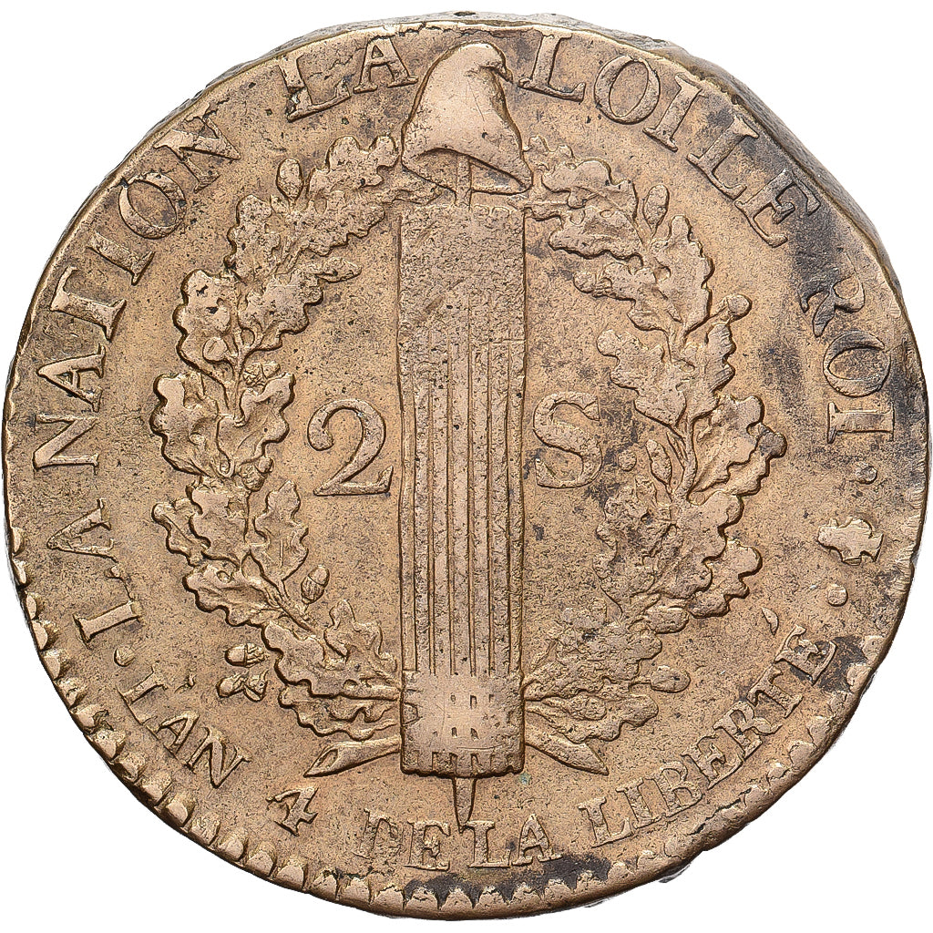 France, Louis XVI, 2 Sols, 1792 / AN 4, Paris, Bronze, EF(40-45), Gadoury:25