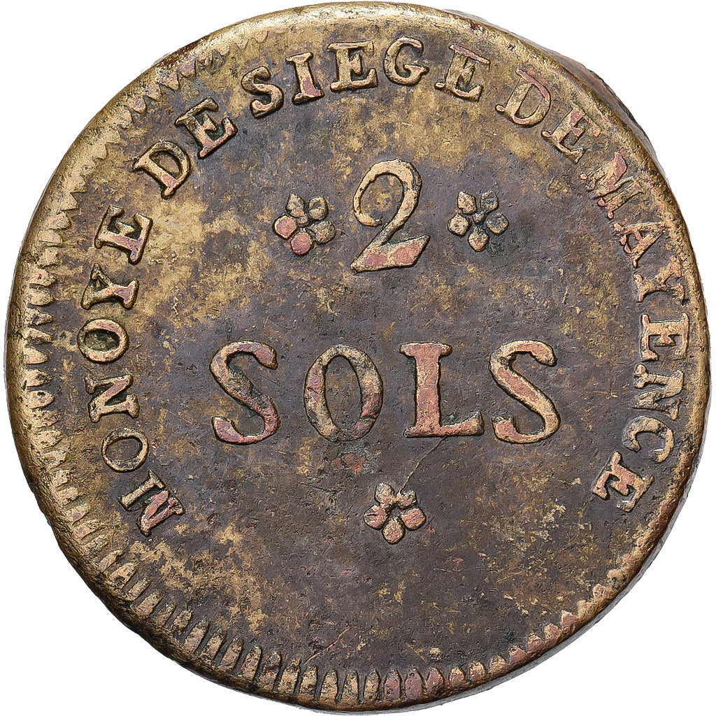 Frankreich, 2 Sols, 1793 / An 2, Mayence, Siege Coinage, Kupfer, S+, Gadoury:66