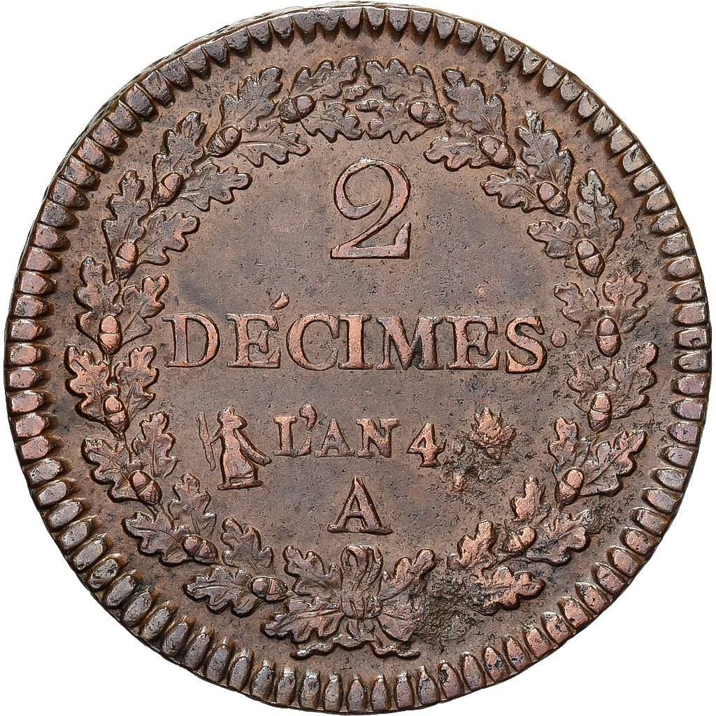 France, 2 Décimes, Dupré, AN 4, Paris, Bronze, AU(50-53), Gadoury:300