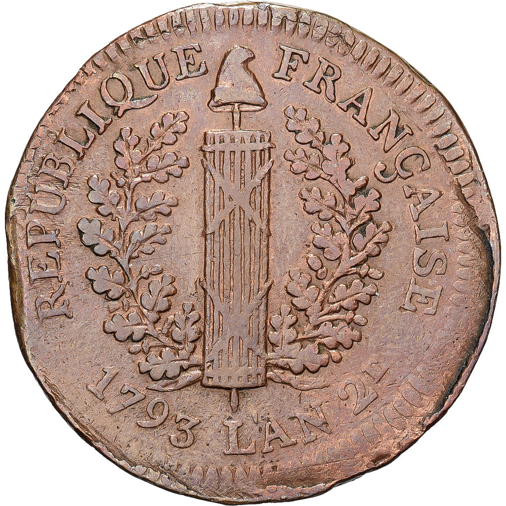 Frankreich, 5 Sols, 1793 / An 2, Mayence, Siege Coinage, Kupfer, S+, Gadoury:67