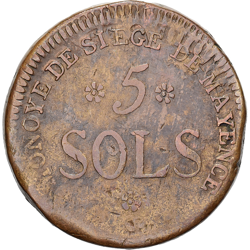 Frankreich, 5 Sols, 1793 / An 2, Mayence, Siege Coinage, Kupfer, S+, Gadoury:67