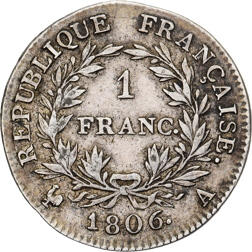 França, Napoleon I, 1 Franc, 1806, Paris, Prata, EF(40-45), Gadoury:444