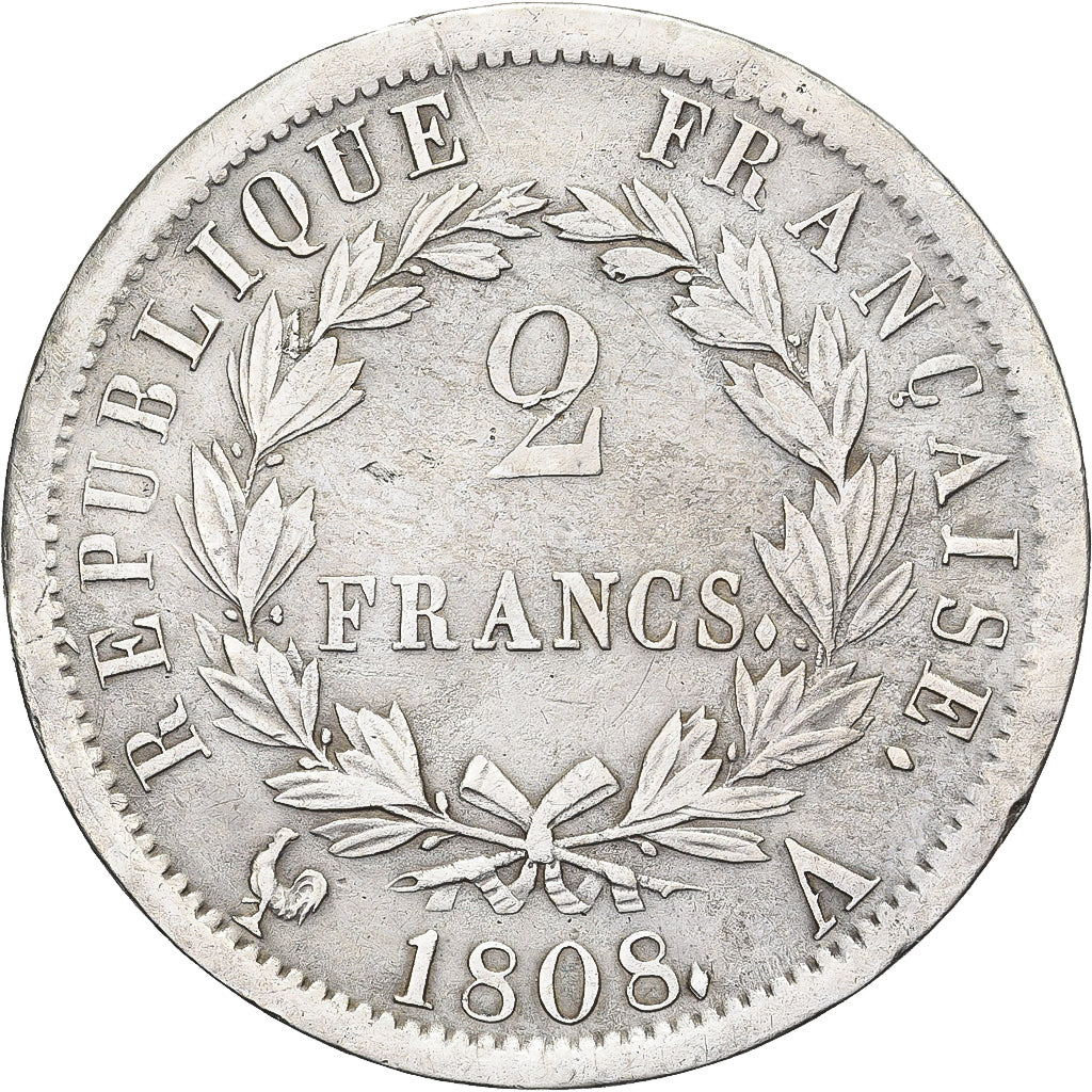 Francia, Napoleon I, 2 Francs, 1808, Paris, Plata, BC+, Gadoury:500