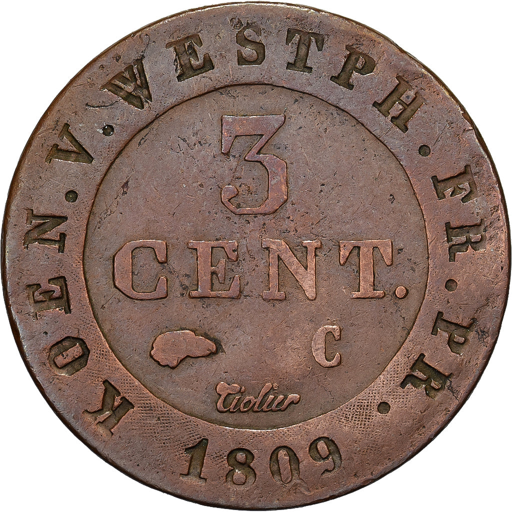 Kingdom of Westphalia, Jérôme Bonaparte, 3 Centimes, 1809, Cassel, Cobre, MBC