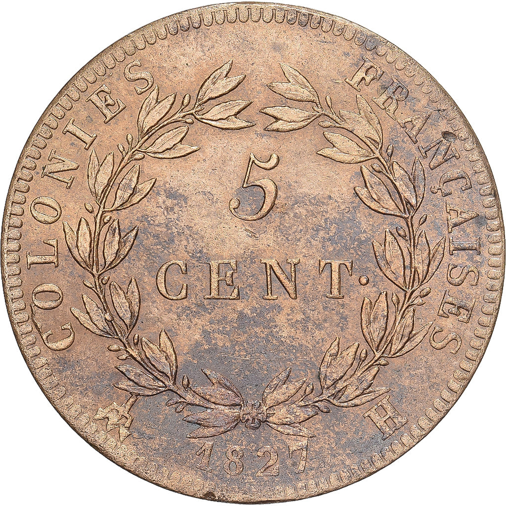 Martinique en Guadeloupe, Charles X, 5 Centimes, 1827, La Rochelle, Bronzen, PR
