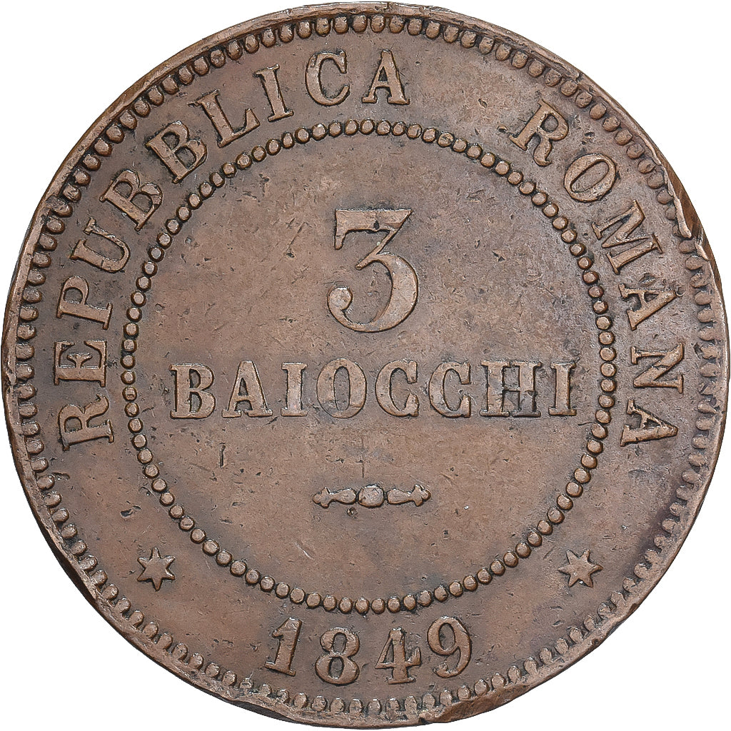 Roman Republic, 3 Baiocchi, 1849, Rome, Bronze, AU(55-58)