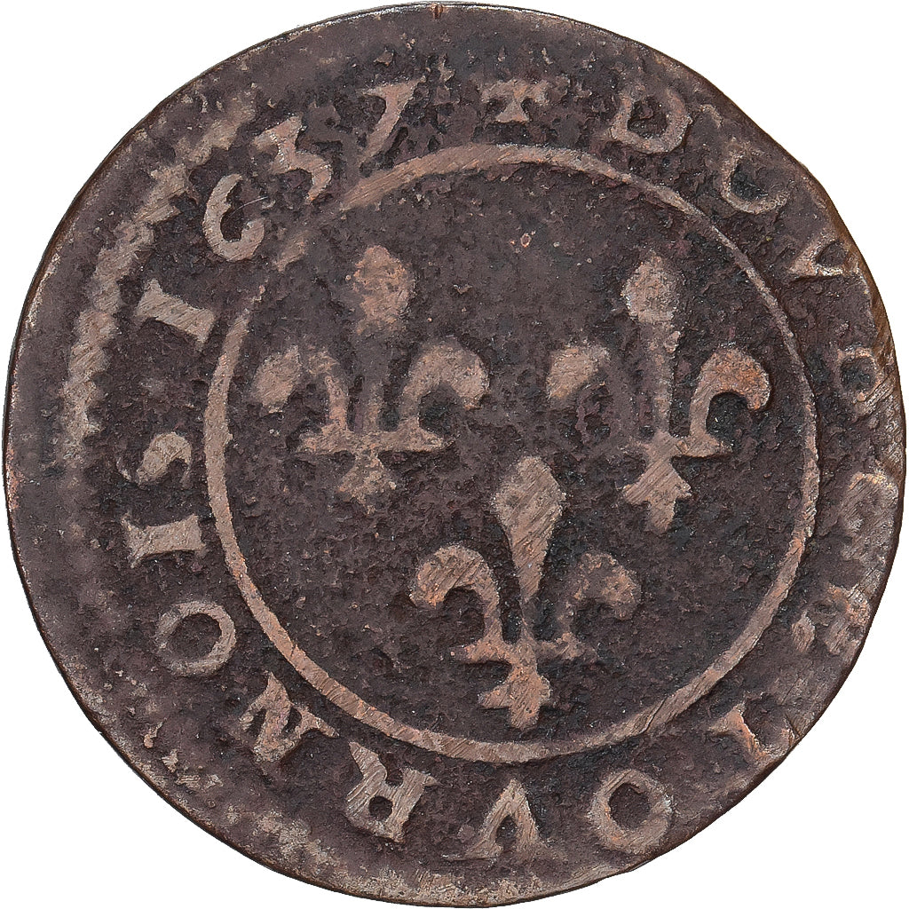 Francia, Louis XIII, Double Tournois, 1637, Axe Loire-Rhône, Rame, MB+