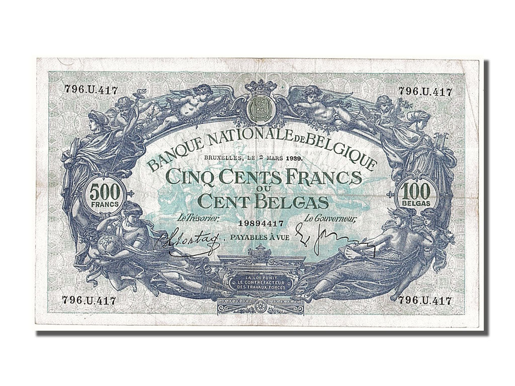 Banconote, Belgio, 500 Francs-100 Belgas, 1939, 1939-03-02, BB+