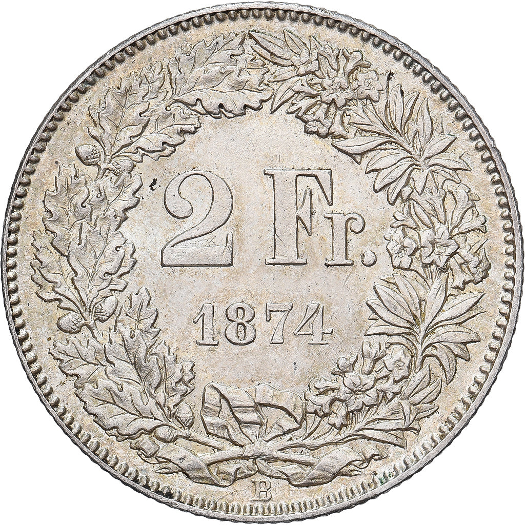Switzerland, 2 Francs, Helvetia, 1874, Bern, Silver, MS(63)