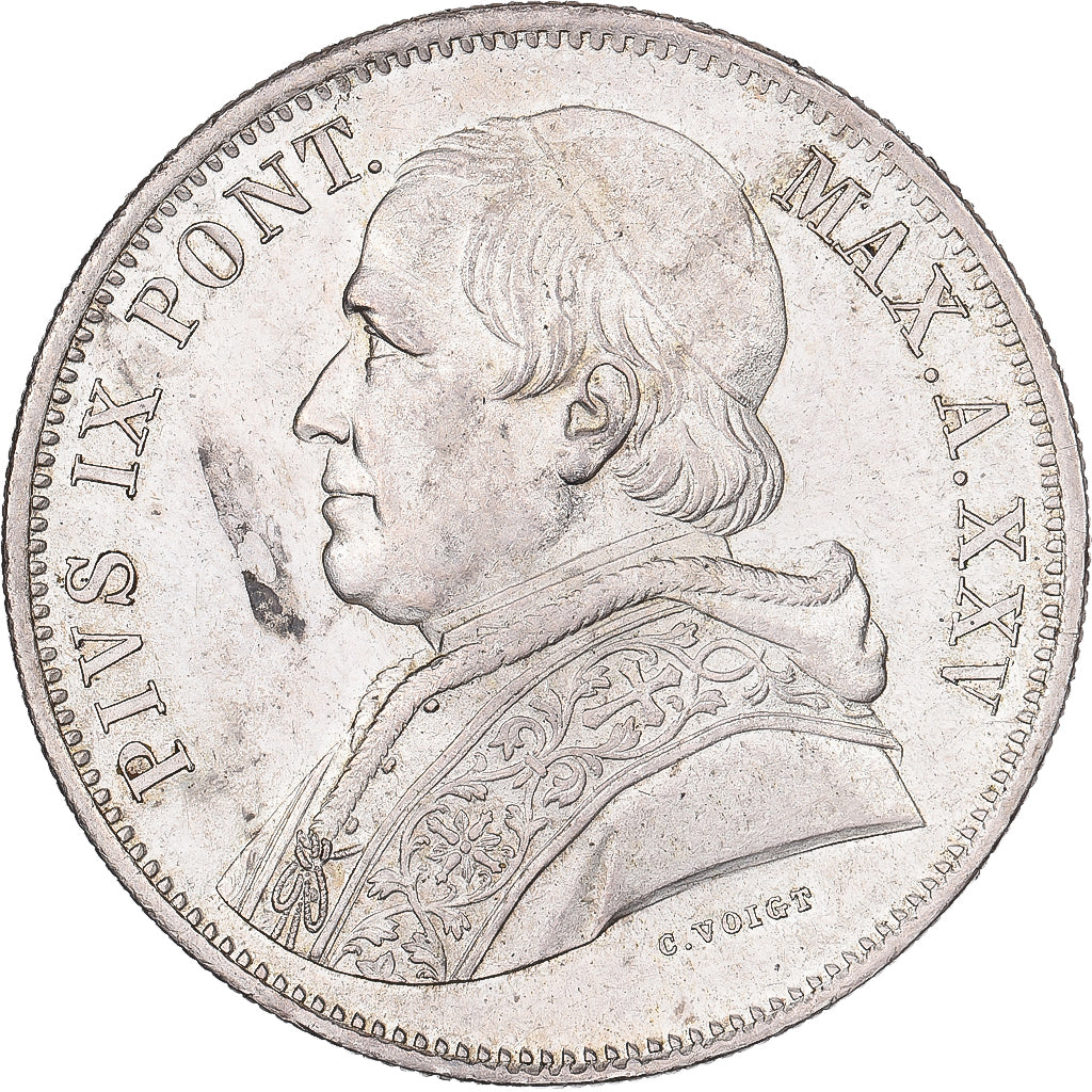 Papal States, Pius IX, 5 Lire, 1870 (Anno XXV), Rome, Silver, MS(60-62)