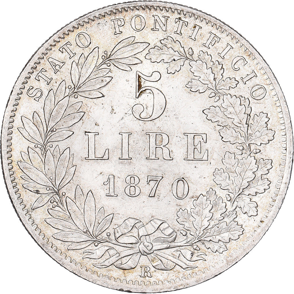 Papal States, Pius IX, 5 Lire, 1870 (Anno XXV), Rome, Silver, MS(60-62)