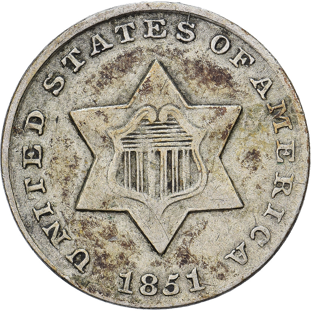 Vereinigte Staaten, 3 Cents, Union Shield, 1851, Philadelphia, Silber, S+