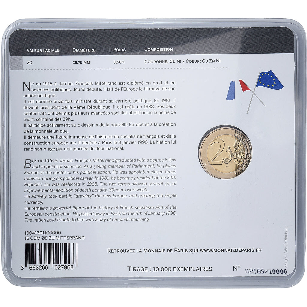 France, 2 Euro, François Mitterrand, Coin Card, BU, 2016, MDP, Bi-Metallic