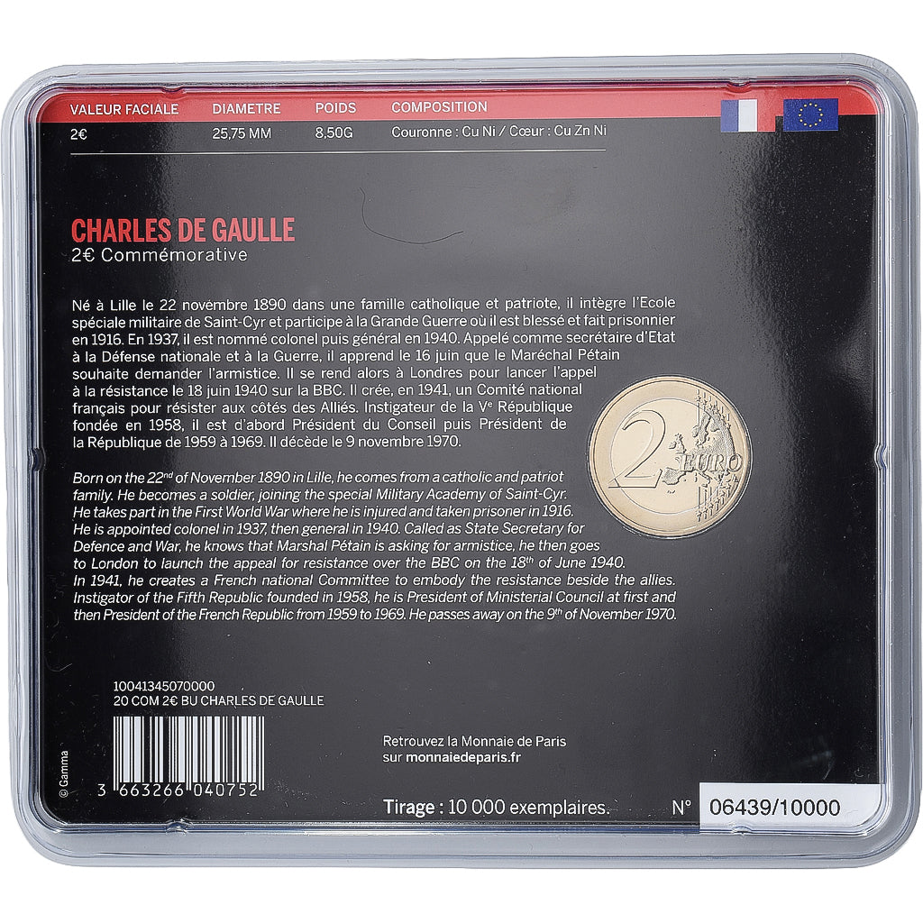 France, 2 Euro, Charles De Gaulle, Coin Card, BU, 2020, MDP, Bi-Metallic
