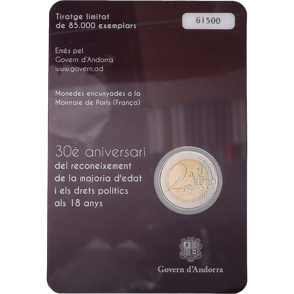 Andorra, 2 Euro, majorité à 18 ans, Coin Card, BU, 2015, Bimetaliczny