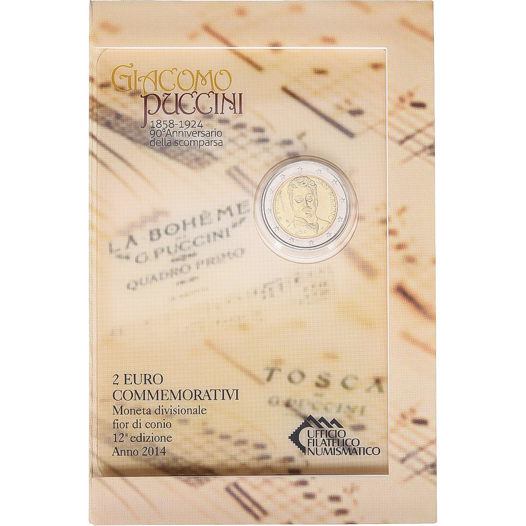San Marino, 2 Euro, Giacomo Puccini, FDC, 2015, Rome, Bi-Metallic, MS(65-70)