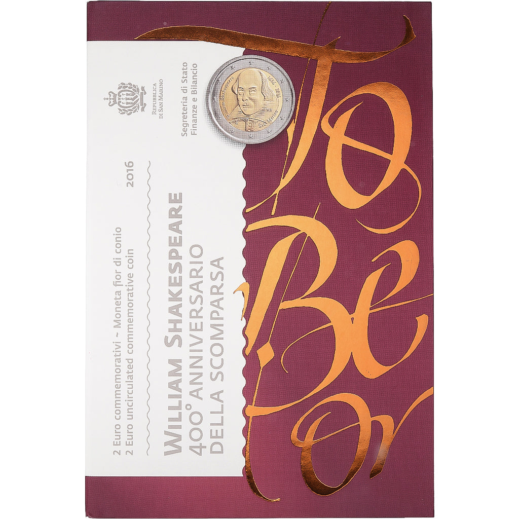San Marino, 2 Euro, William Shakespeare, FDC, 2016, Rome, Bimetaliczny