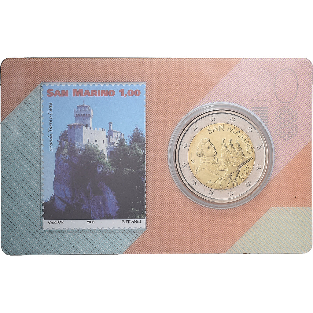San Marino, 2 Euro, Stamp and coin card.n°2, 2018, Bimetaliczny, MS(65-70)