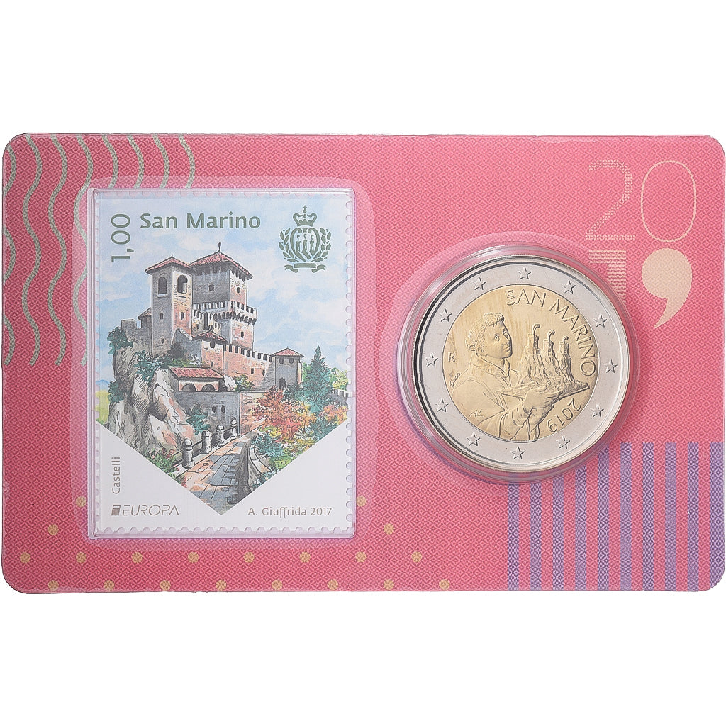 San Marino, 2 Euro, Stamp and coin card.n°4, 2019, Bimetaliczny, MS(65-70)