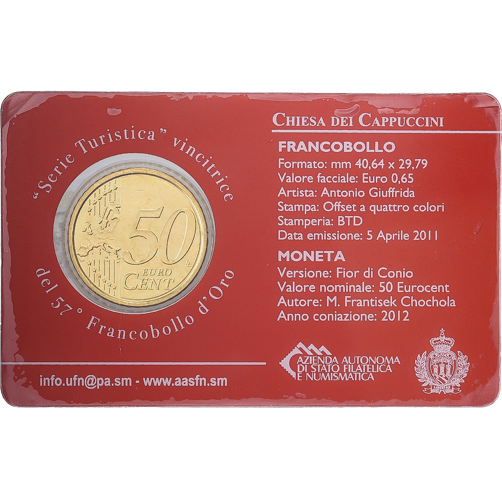 San Marino, 50 Euro Cent, Stamp and coin card, 2012, Nordic gold, MS(65-70)