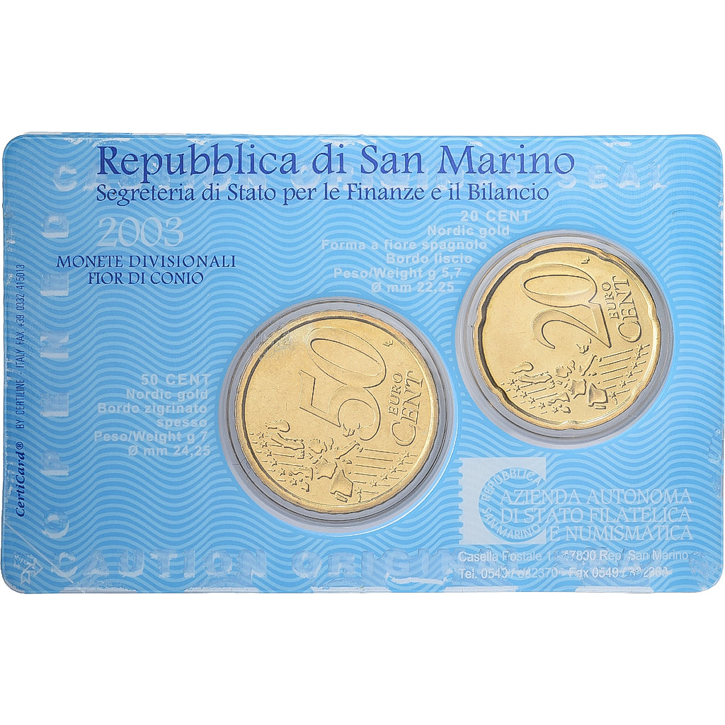 Saint-Marin, 20 cts. + 50 cts., Stamp and coin card, 2003, Or nordique, FDC