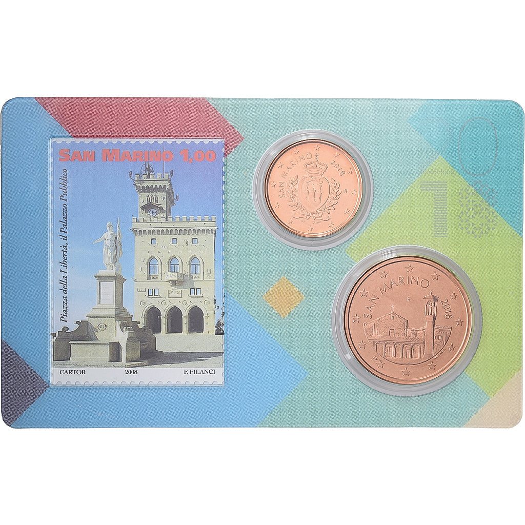San Marino, 2 Cts. + 5 Cts., Stamp and coin card, 2018, Acciaio placcato rame