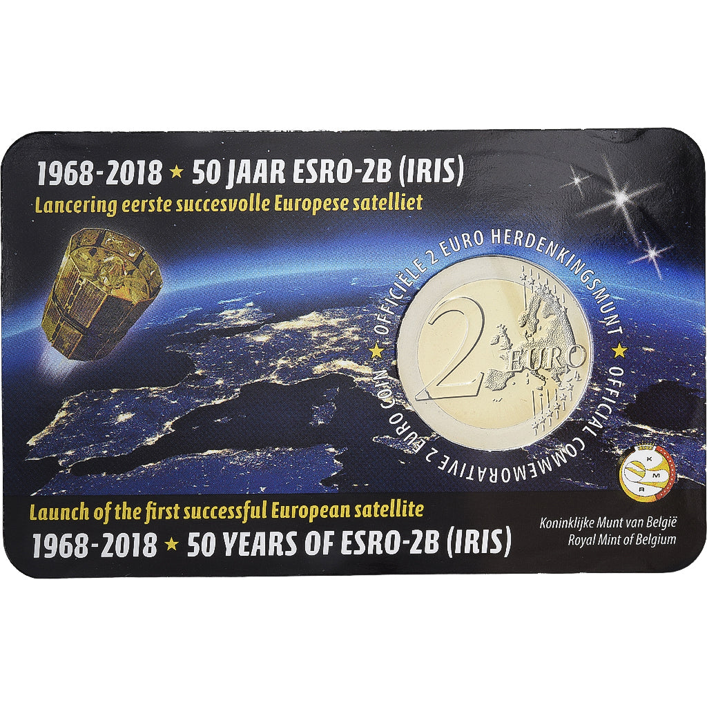 Bélgica, 2 Euro, Satellite ESRO-2B, Coin card, 2018, Bimetálico, MS(65-70)