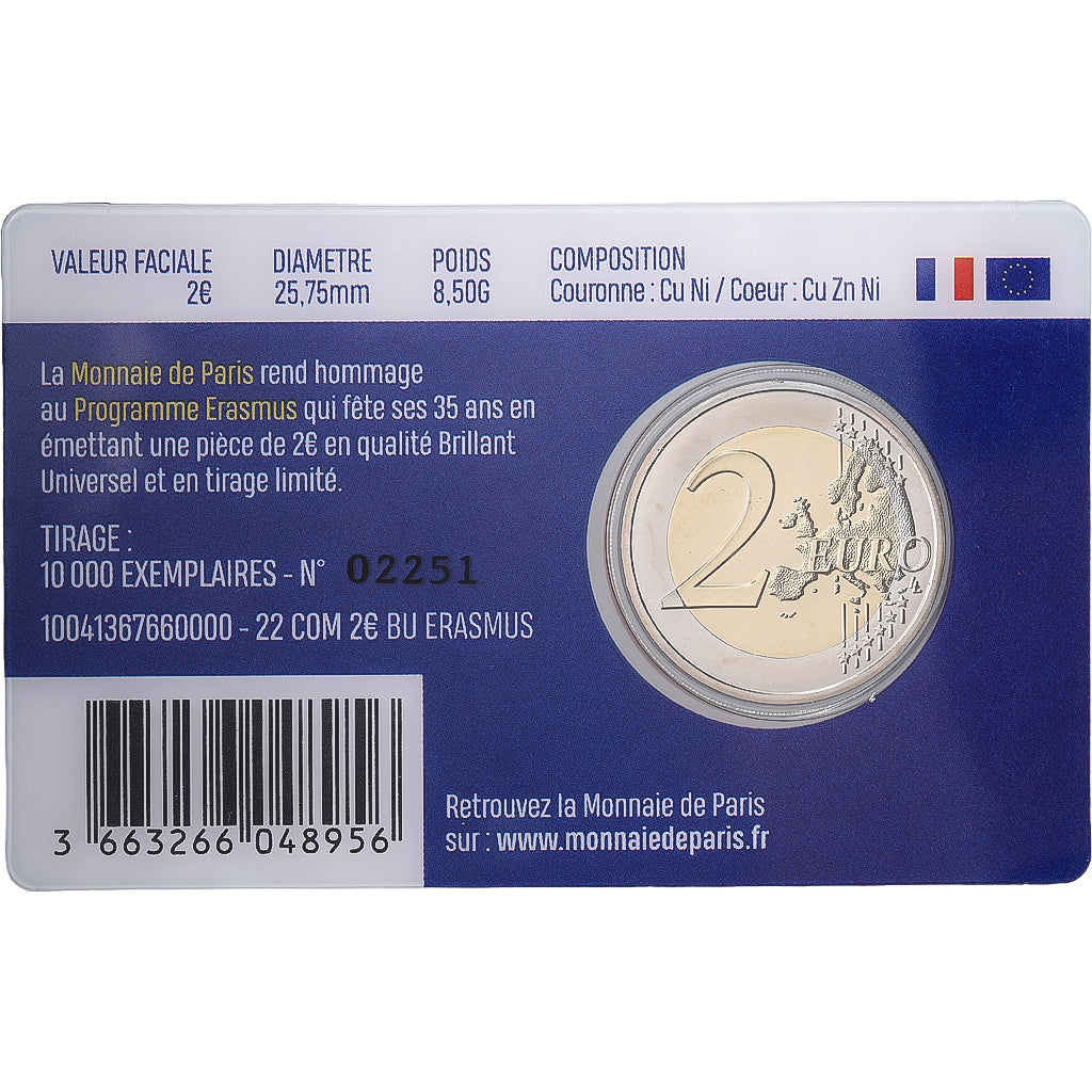 França, 2 Euro, Erasmus Programme, Coin card, FDC, 2022, MDP, Bimetálico