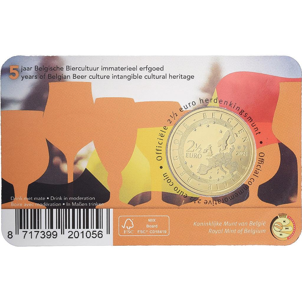 Belgio, 2-1/2 Euro, Belgian beer culture, Coin card, 2021, Ottone, FDC