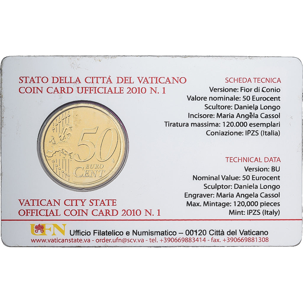 PAŃSTWO WATYKAŃSKIE, Pope Benedict XVI, 50 Euro Cent, Coin card n°1, 2010