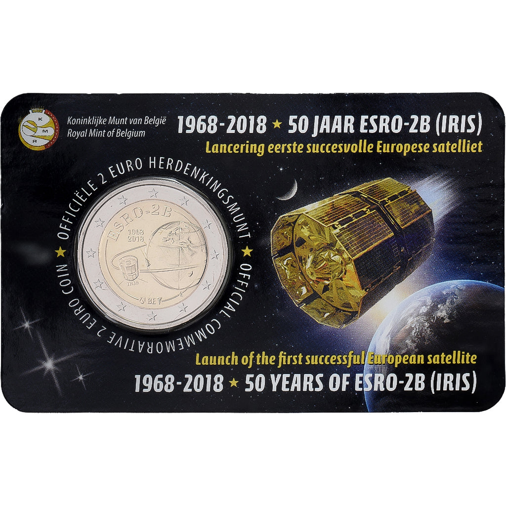 Bélgica, 2 Euro, Satellite ESRO-2B, Coin card, 2018, Bimetálico, MS(65-70)