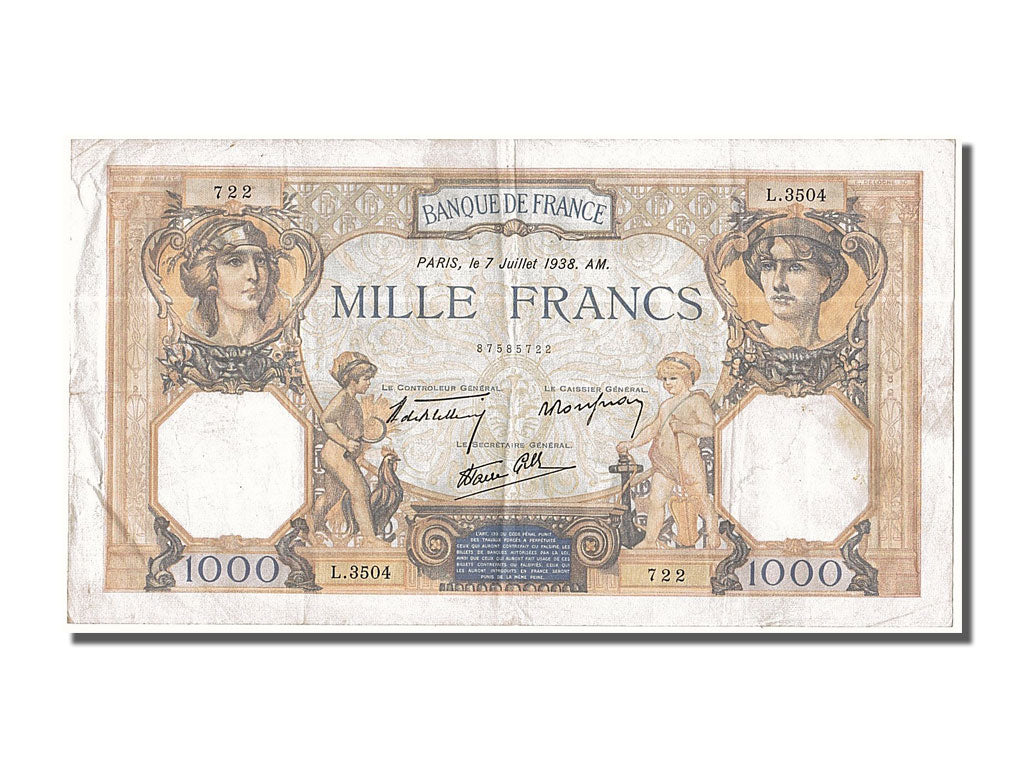 Biljet, Frankrijk, 500 Francs, 1 000 F 1927-1940 ''Cérès et Mercure'', 1938