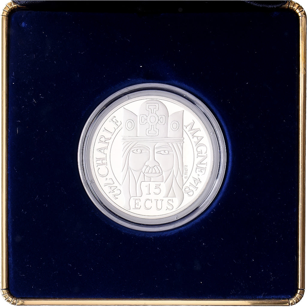 França, 100 Francs / 15 Écus, Charlemagne, 1990, MDP, Proof, Prata, MS(65-70)