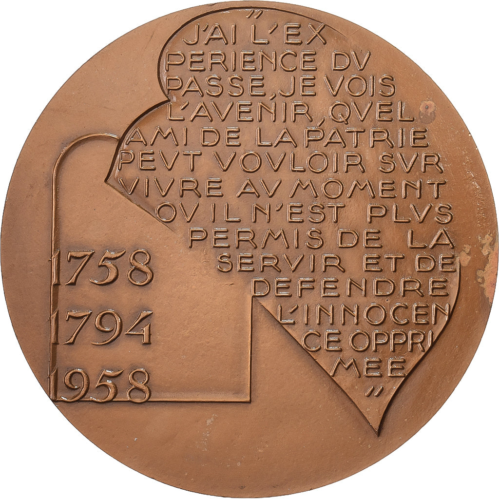 Francia, medaglia, Bicentenaire de la naissance de Robespierre, 1958, Bronzo