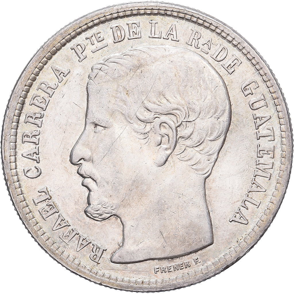 Guatemala, 1 Peso, 1865, Large R, Srebro, AU(55-58)