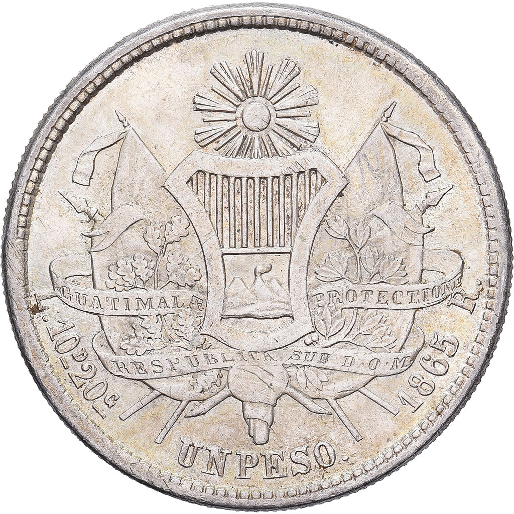 Guatemala, 1 Peso, 1865, Large R, Srebro, AU(55-58)