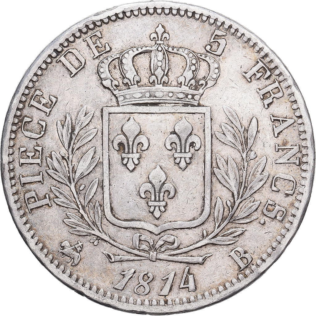 Francia, Louis XVIII, 5 Francs, 1814, Rouen, Plata, MBC, Gadoury:591