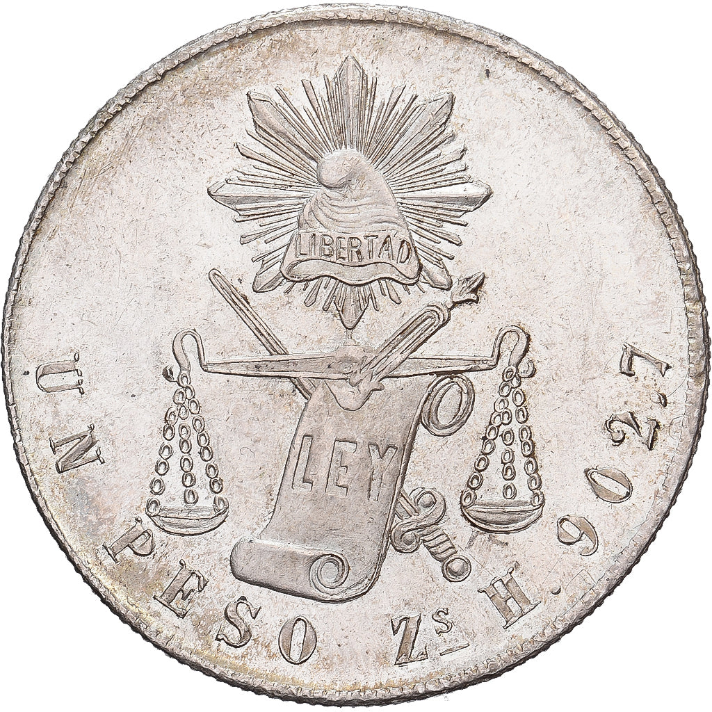 México, 1 Peso, 1871, Zacatecas, Plata, EBC