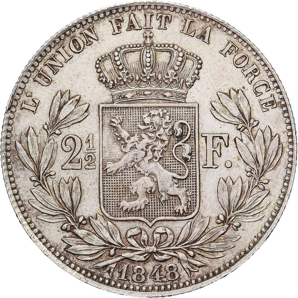 Belgium, Leopold I, 2-1/2 Francs, 1848, Brussels, Silver, AU(50-53)