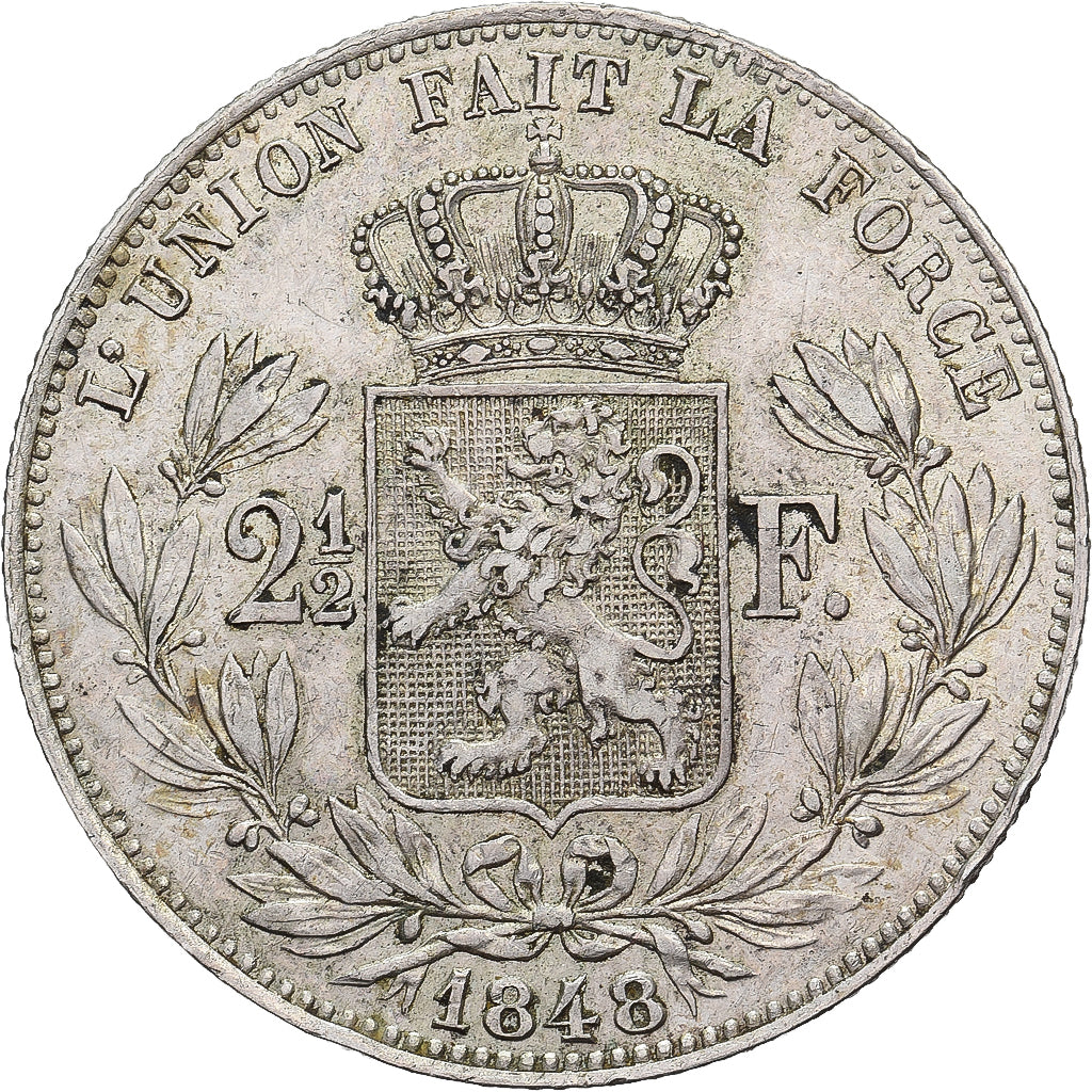 Belgium, Leopold I, 2-1/2 Francs, 1848, Brussels, Silver, AU(50-53)