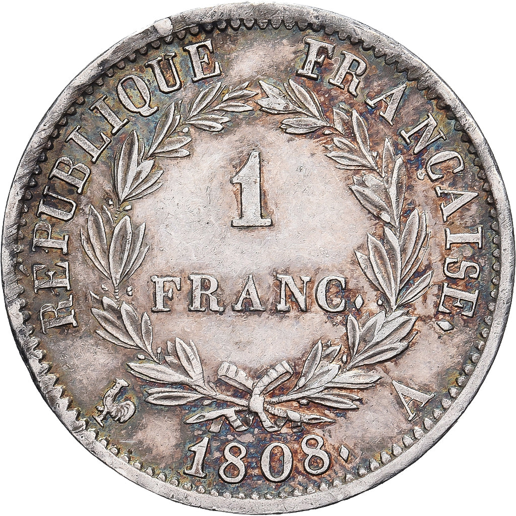 Francia, Napoleon I, 1 Franc, 1808, Paris, Argento, BB+, Gadoury:446